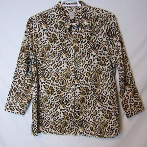 Chico's Blouse No Iron Button Up Shirt Tan Cheetah Leopard Print Womens Large